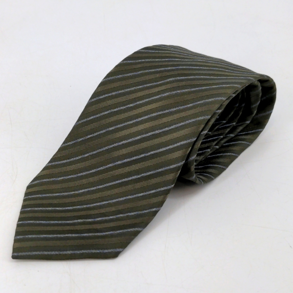 Kenneth Cole 100% Silk Green Gray Striped Necktie Tie 61" x 3.5"